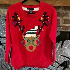 Rudolph Christmas Sweater Size Small Jingle Bells, Pom Pom Hat, & Sequin Glasses